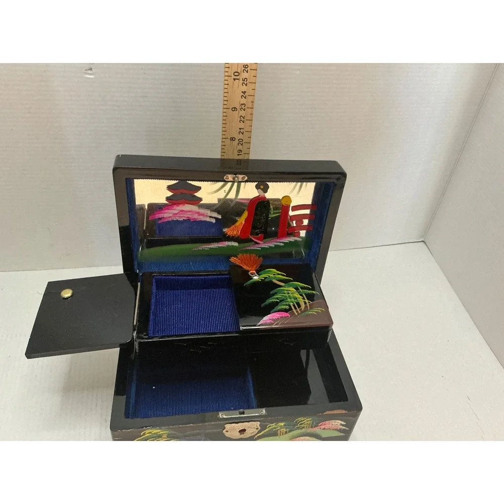 Vintage Japanese Lacquer Jewelry Box Mother of Pearl Inlay Small Black